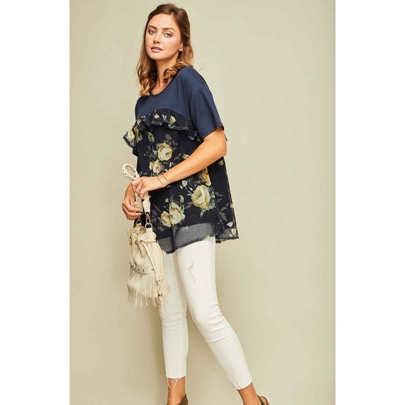 Navy Floral Mesh Ruffle Top - Picture 2 of 8